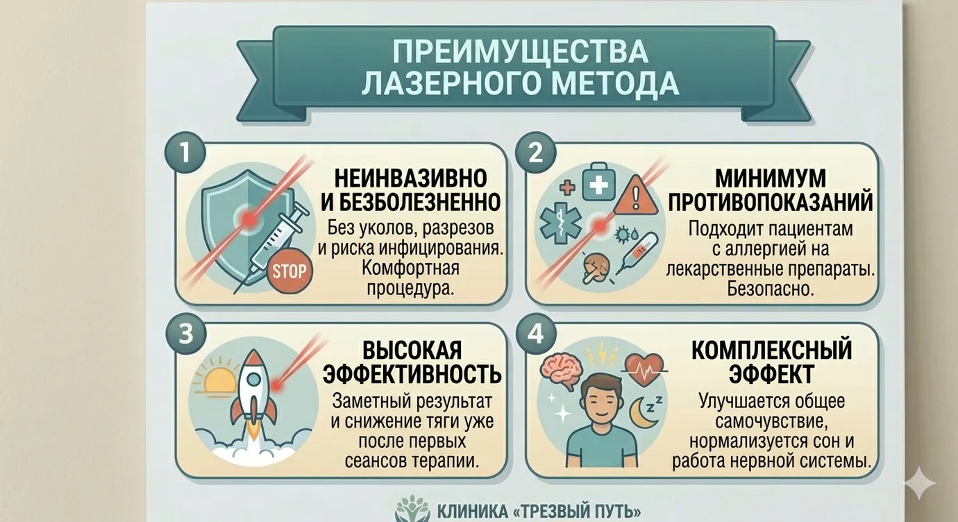Инфографика «ПРЕИМУЩЕСТВА ЛАЗЕРНОГО МЕТОДА». Выделены 4 основных плюса: 1. Неинвазивно и безболезненно (без уколов и разрезов); 2. Минимум противопоказаний (подходит при аллергии на лекарства); 3. Высокая эффективность (заметный результат после первых сеансов); 4. Комплексный эффект (нормализация сна и работы нервной системы). Дизайн в бирюзовых тонах клиники «Трезвый Путь».
